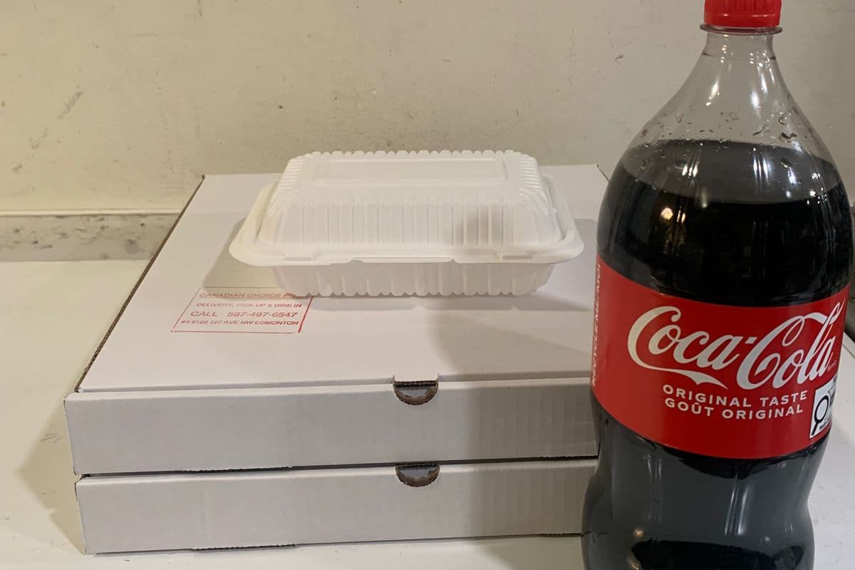 ( Super Combo) Two 14" Large Specialty pizzas, 12 pieces of Chicken wings or Garlic Cheesy Bread and a two liter of Drink.