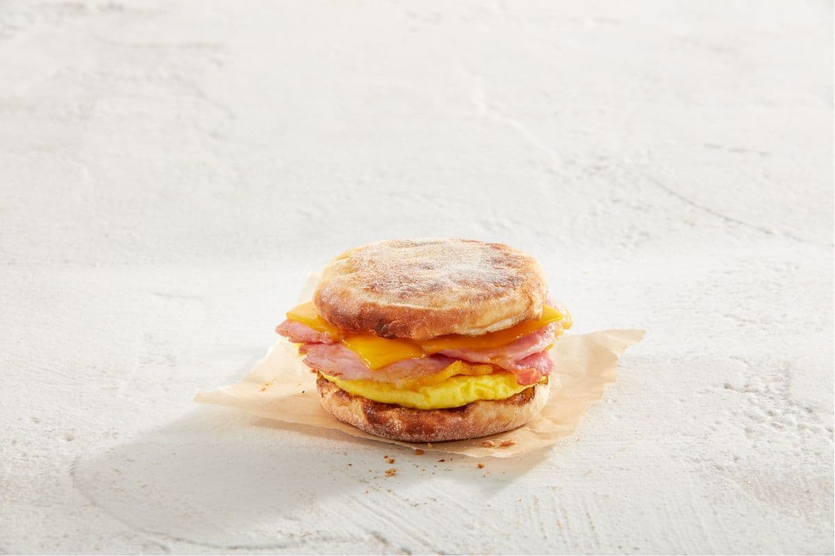 Peameal Bacon, Egg, and Cheese on an English Muffin