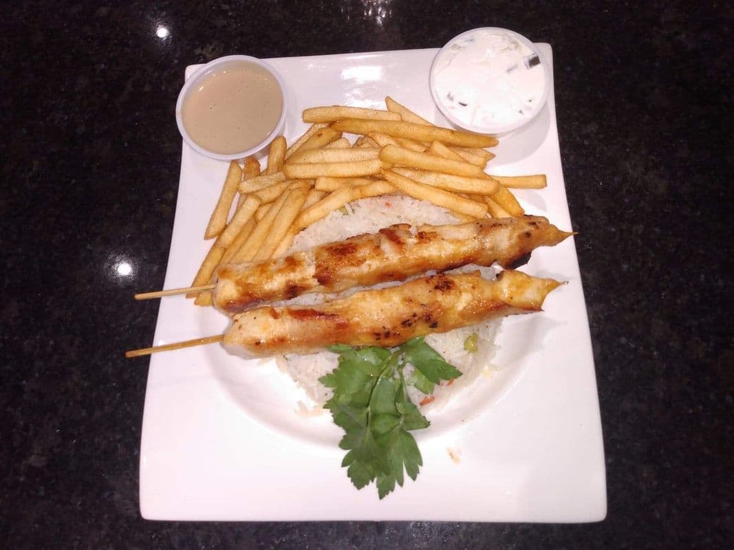 Chicken Kebab with Rice and Fries