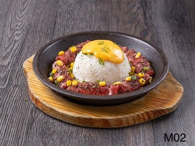 M02. Japanese-Style Pan-Fried Beef Rice on Sizzling Hot Plate with Teriyaki Sauce and Cheese