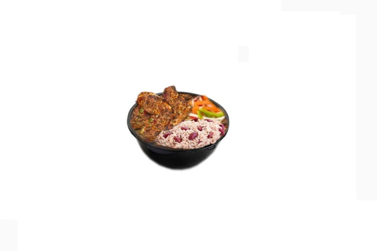 Jerk Chicken with Rice and Peas and Steamed Vegetables