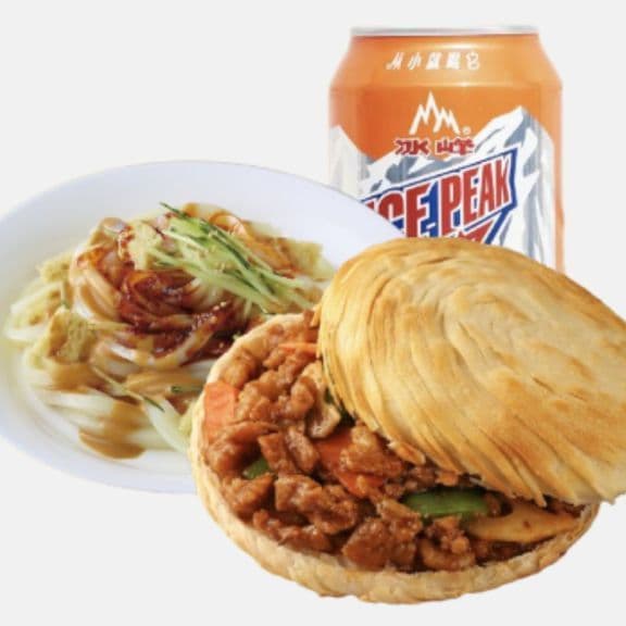F1 Combo LiangPi Cold Noodle+Cumin Chicken Burger+Pop F1套餐麻酱凉皮+孜然鸡馍+饮料