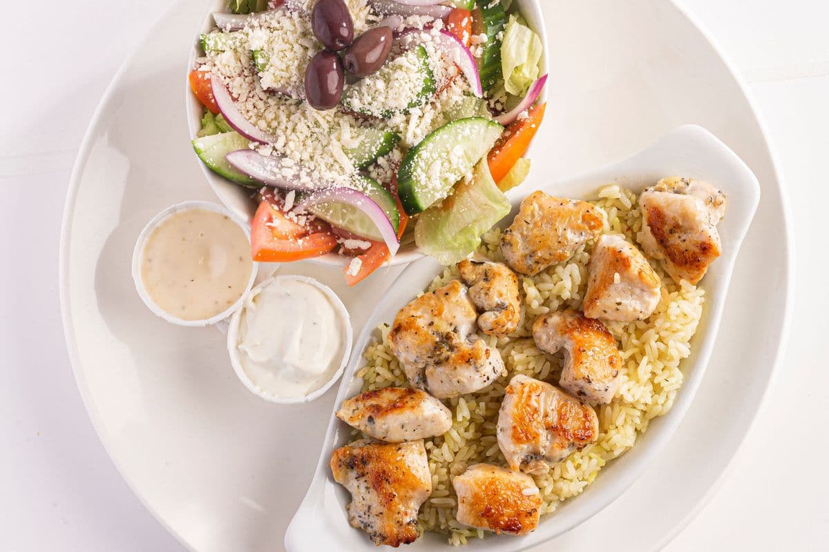 Chicken Souvlaki with Rice and Greek Salad