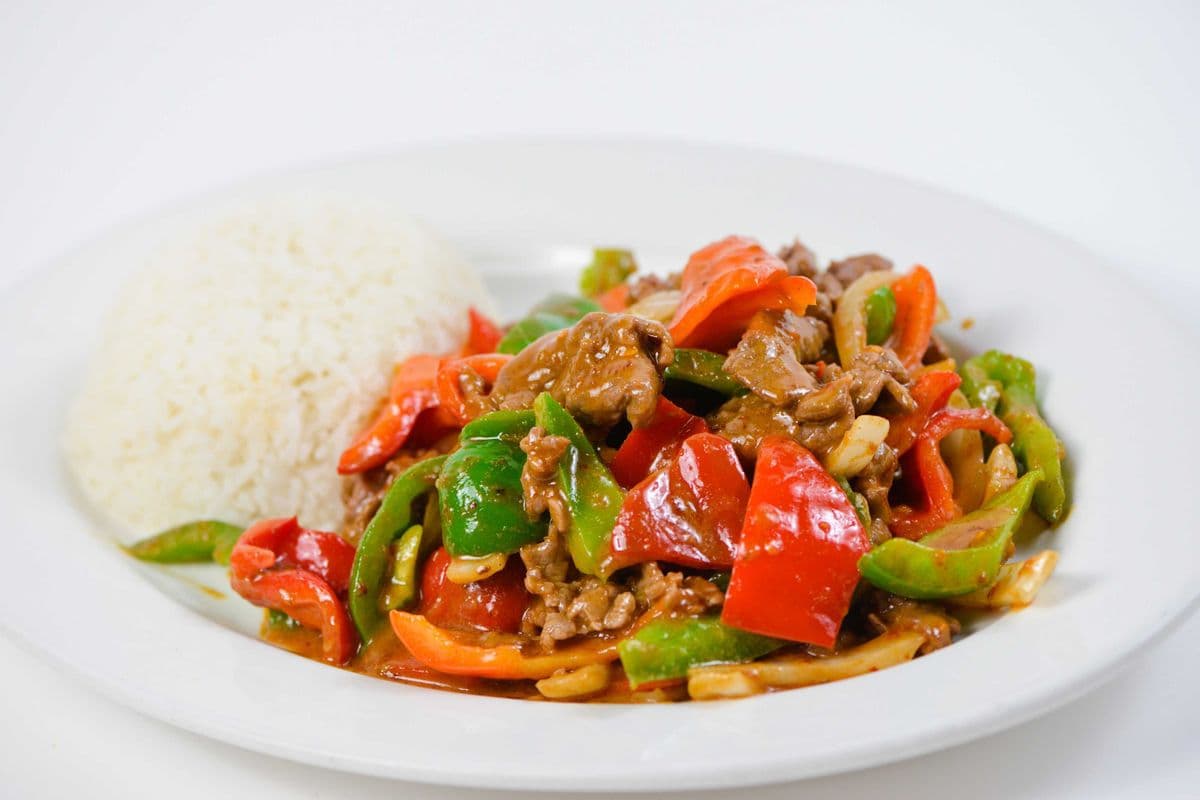 64. Stir-Fried Beef with Satay Sauce (with Bell Peppers & white onions) - Bo Xao Sate