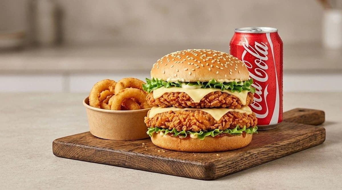 Trio #6 â Burger double poulet mozza + rondelles dâoignon + boisson gazeuse