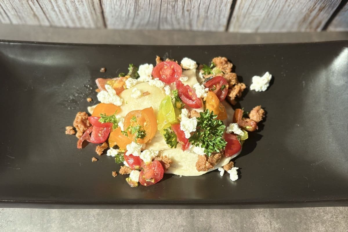 Perfect Pierogies - Feta & Spinach Pierogi bruschetta with chorizo