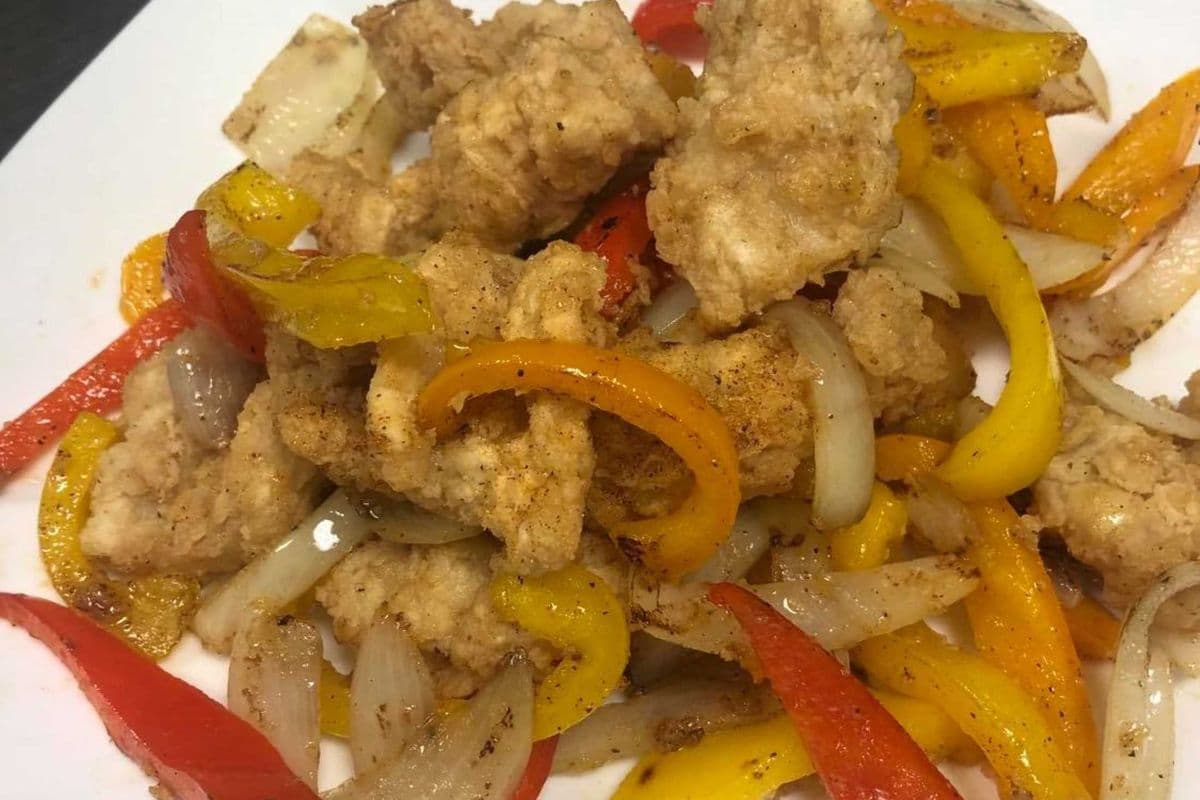 56. Stir-Fried Salt and Pepper Squid with Onions and Mixed Bell Pepper