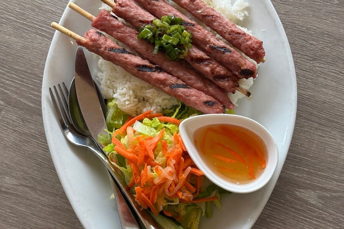 62. Vietnamese BBQ Minced Pork with Steamed Rice - Com Nem Nuong