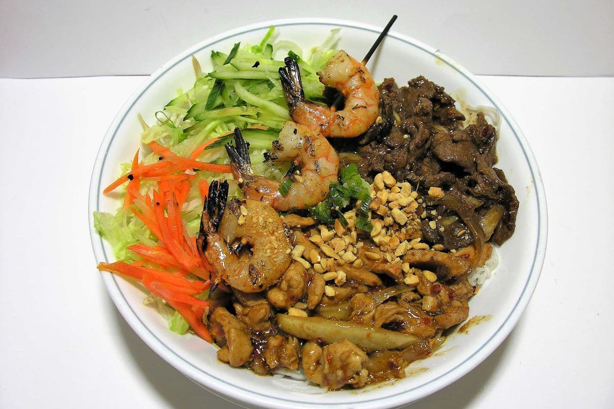 24. Vermicelli with Satay Beef, Satay Chicken, and Grilled Shrimp "Replace Rice or Vegetables Add $1.00"
