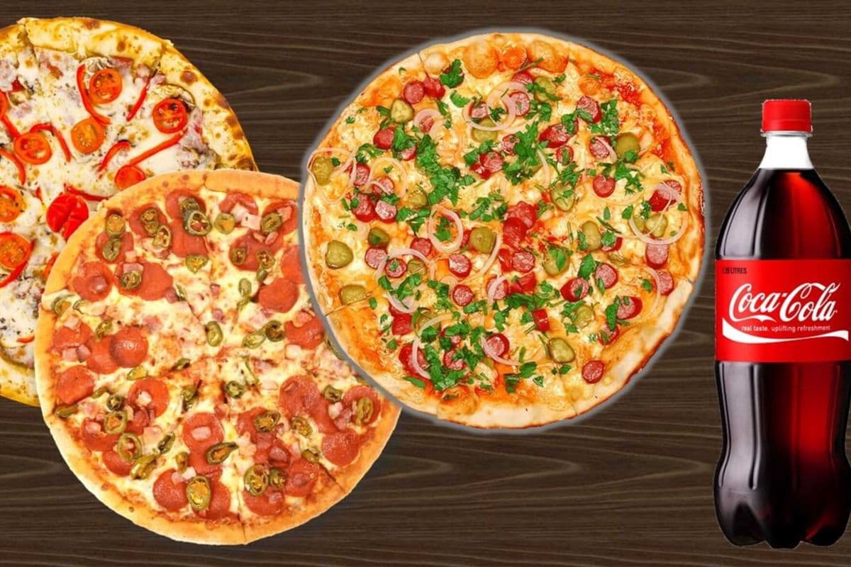 Three Medium Pizzas with Three Toppers and Pop (2 L)