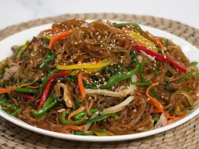 Japchae (Stir fried glass noodle with plant based meat & veggies)
