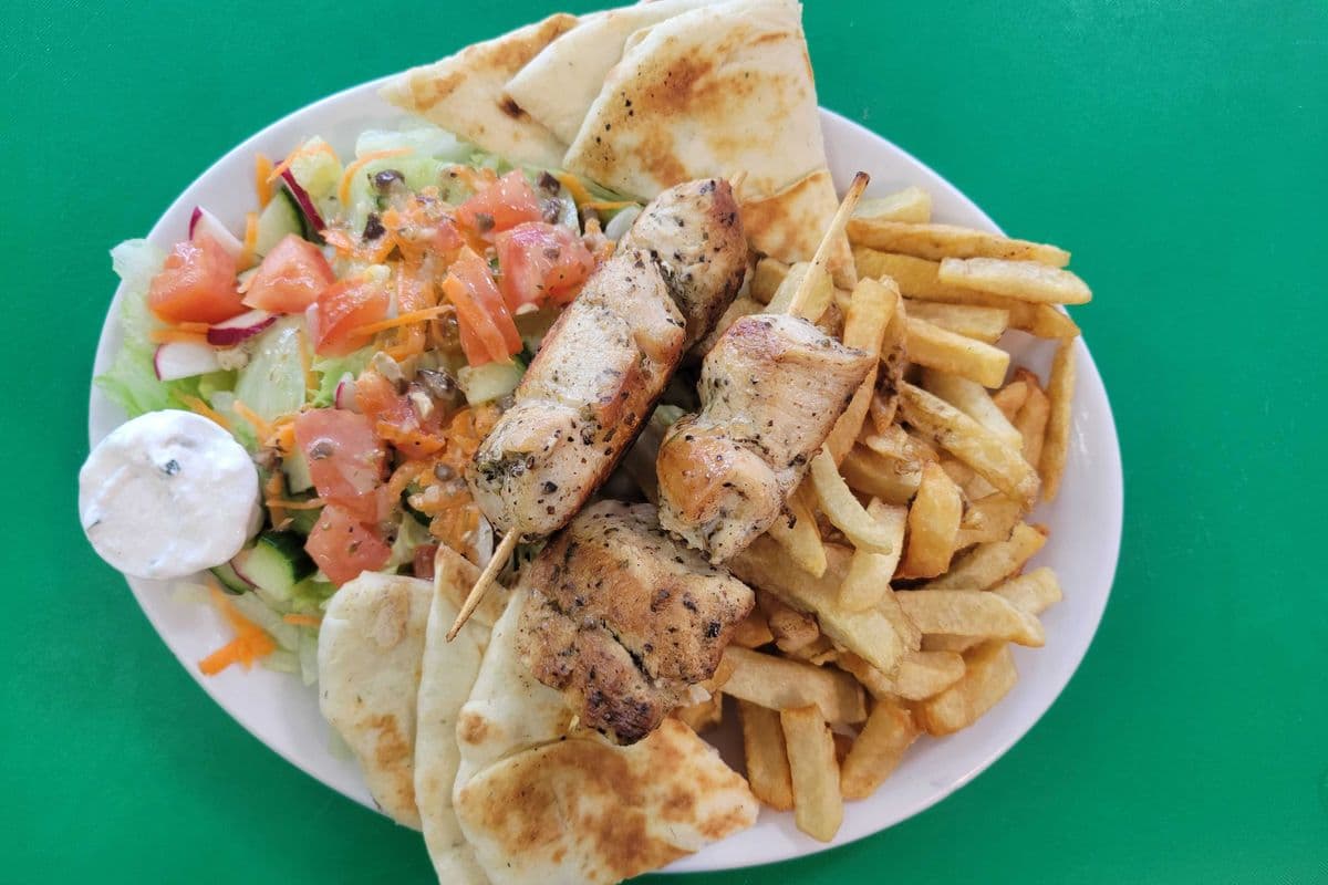 Chicken Souvlaki Dinner with Salad and Chips