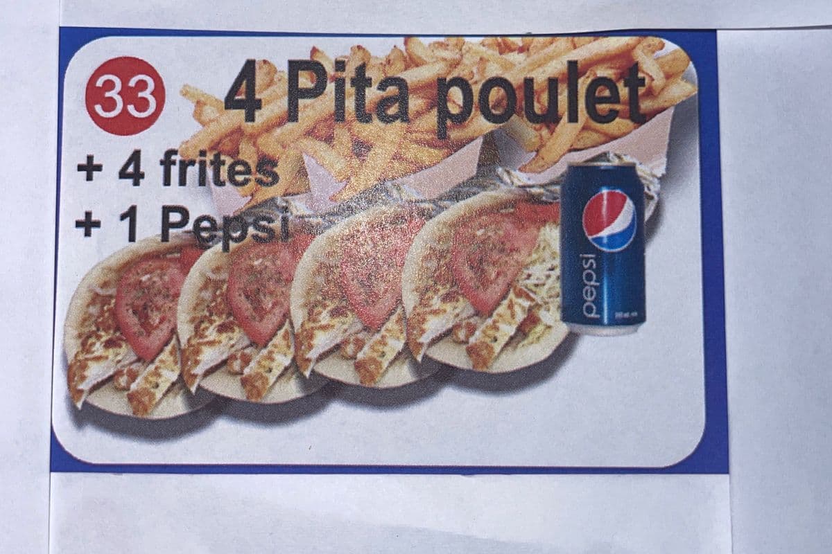 #33 Combo : 4 pitas au poulet, + 4 frites et + 4 pepsi.