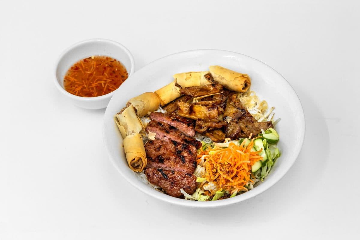 68. Grilled Pork, Nem Nuong and Spring Rolls Vermicelli Bowl