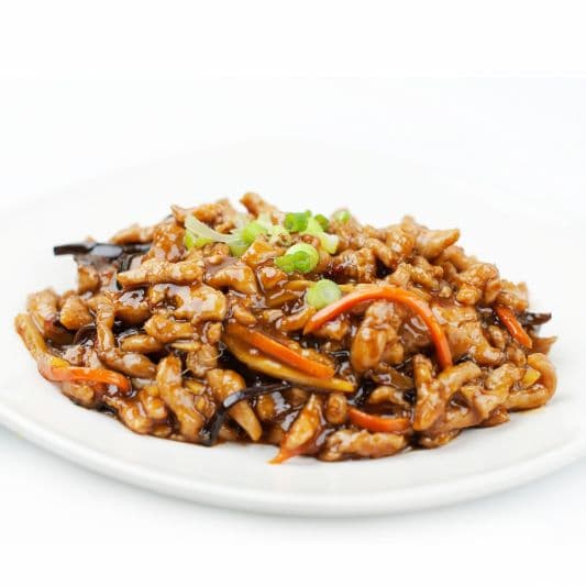 45. Eggplant with Shredded Pork in Chilli and Garlic Sauce on Rice