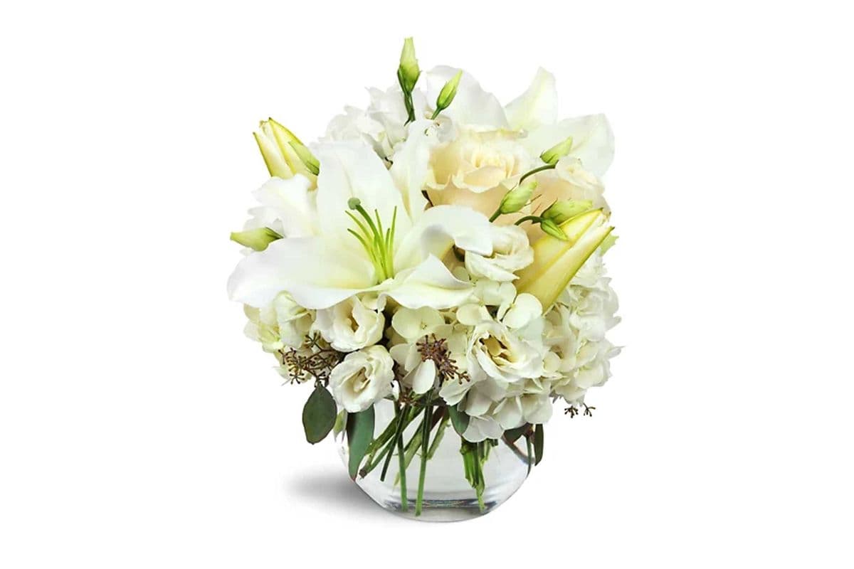 Halcyon Heart - Elegant White Lilies, Roses, and Lisianthus