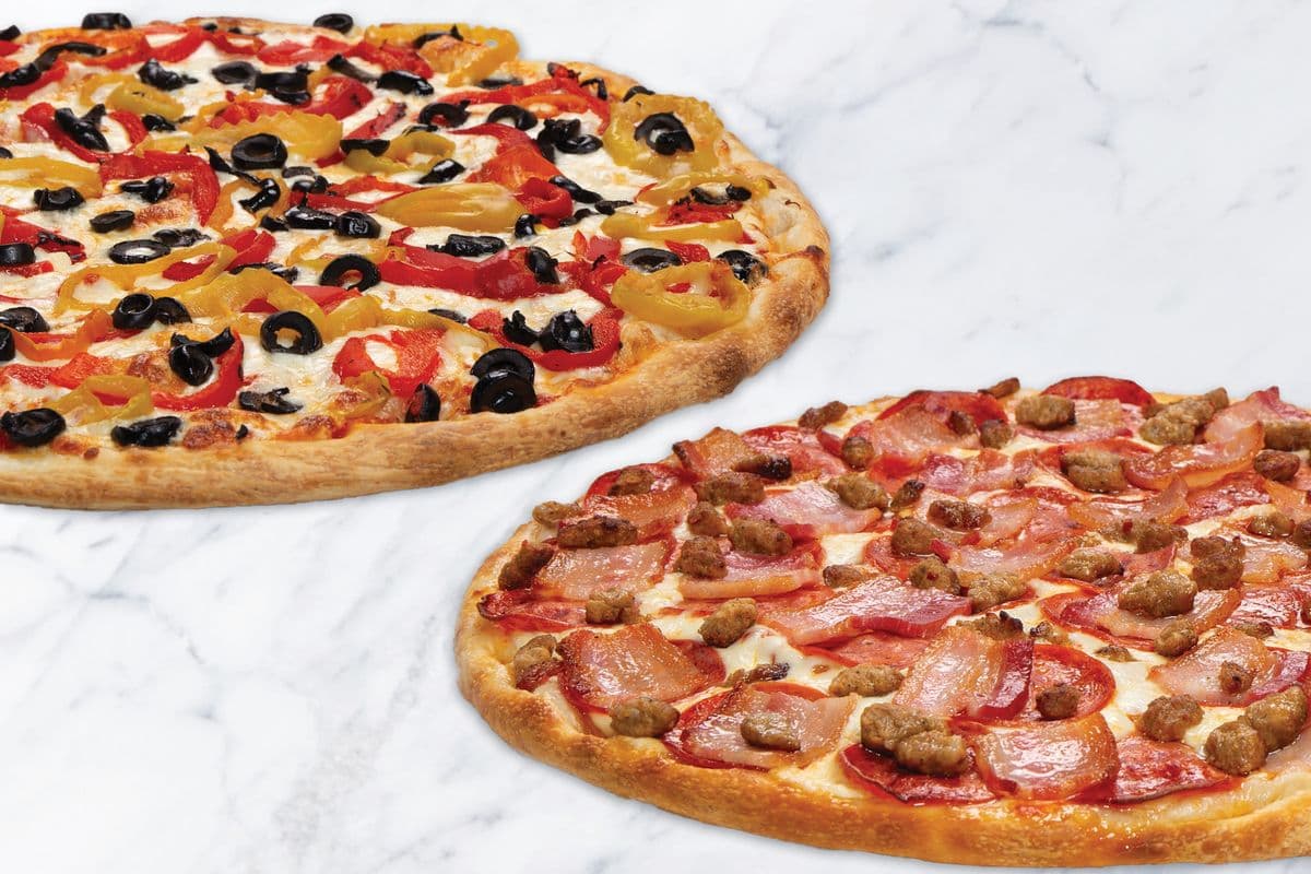 Two Medium Three Toppings Pizzas (8 Slices)