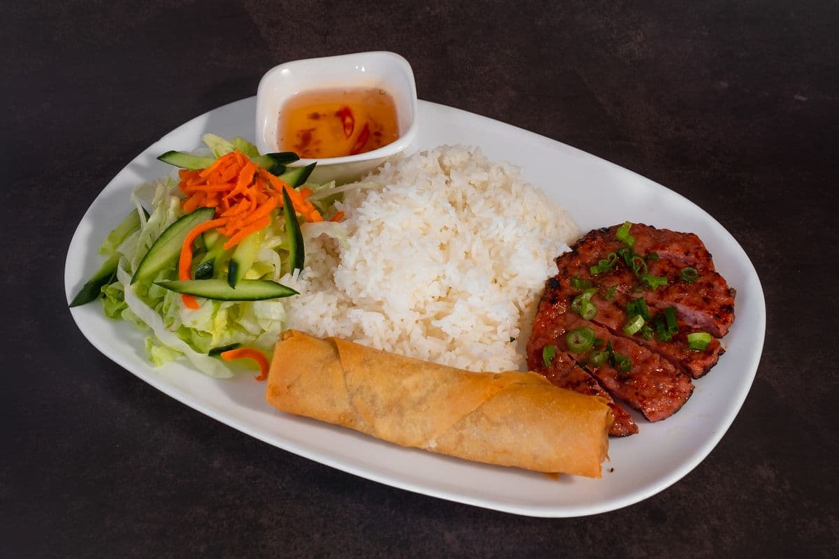 C5. Grilled Minced Pork and Fried Roll with Rice - Com Nem Nuong, Cha Gio