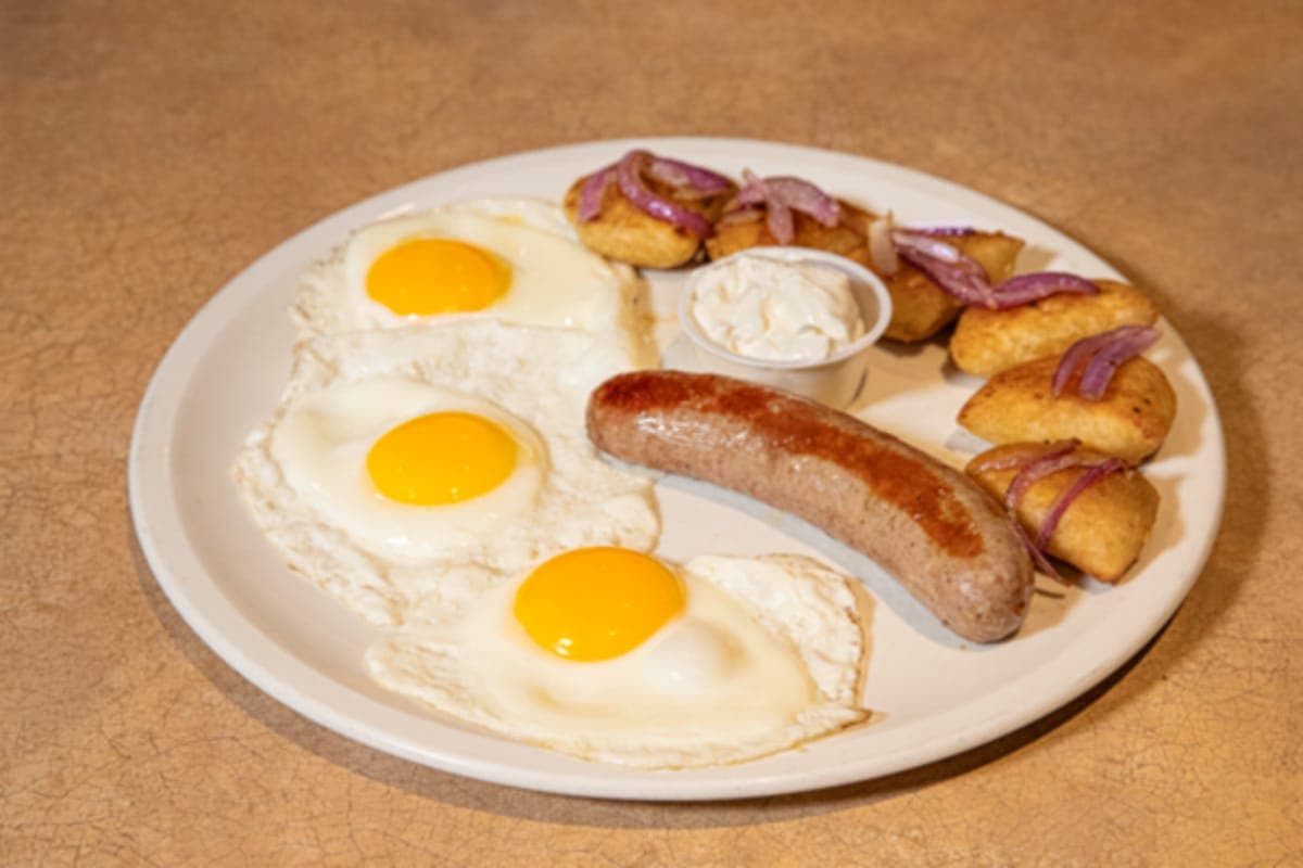 Perogies, Eggs and Bratwurst Sausage