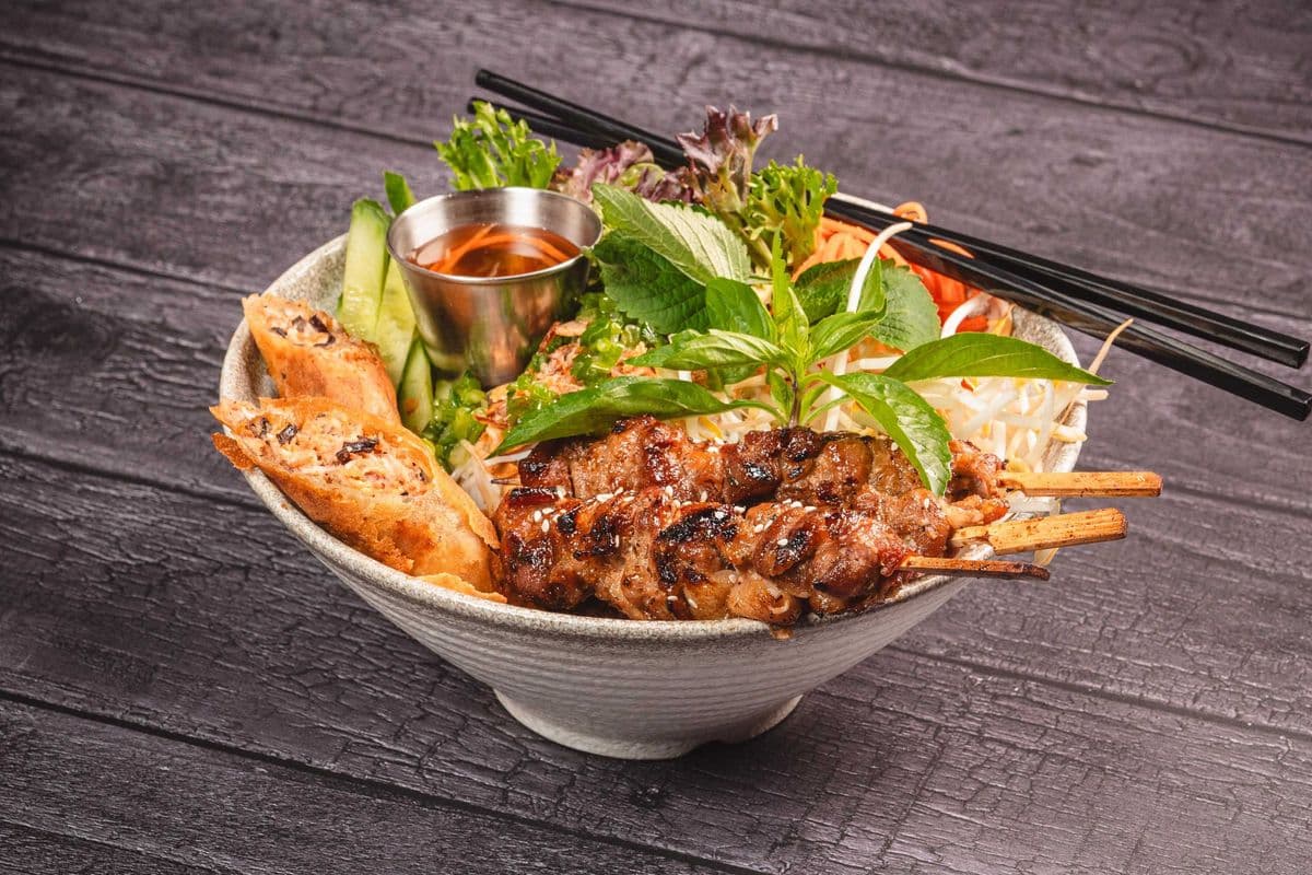 Grilled Pork Skewers, Chicken and Pork Spring Roll Vermicelli