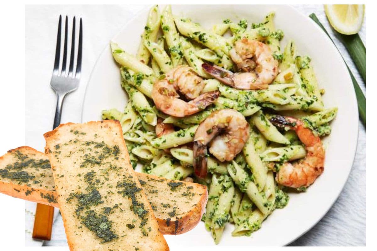PESTO CREAM SHRIMP PENNE PASTA,FRESH GARLIC,ONION,GREEN PEPPER (GARLIC BREAD)
