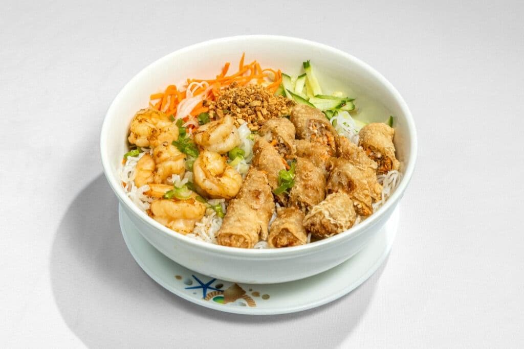 B25. Vermicelli with 3 Spring Rolls and 5 Grilled Shrimps