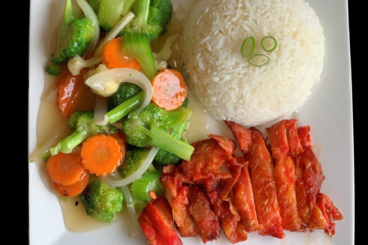 83. Fried Mixed Vegetables with Grilled Chicken or Pork Chop on Steamed Rice