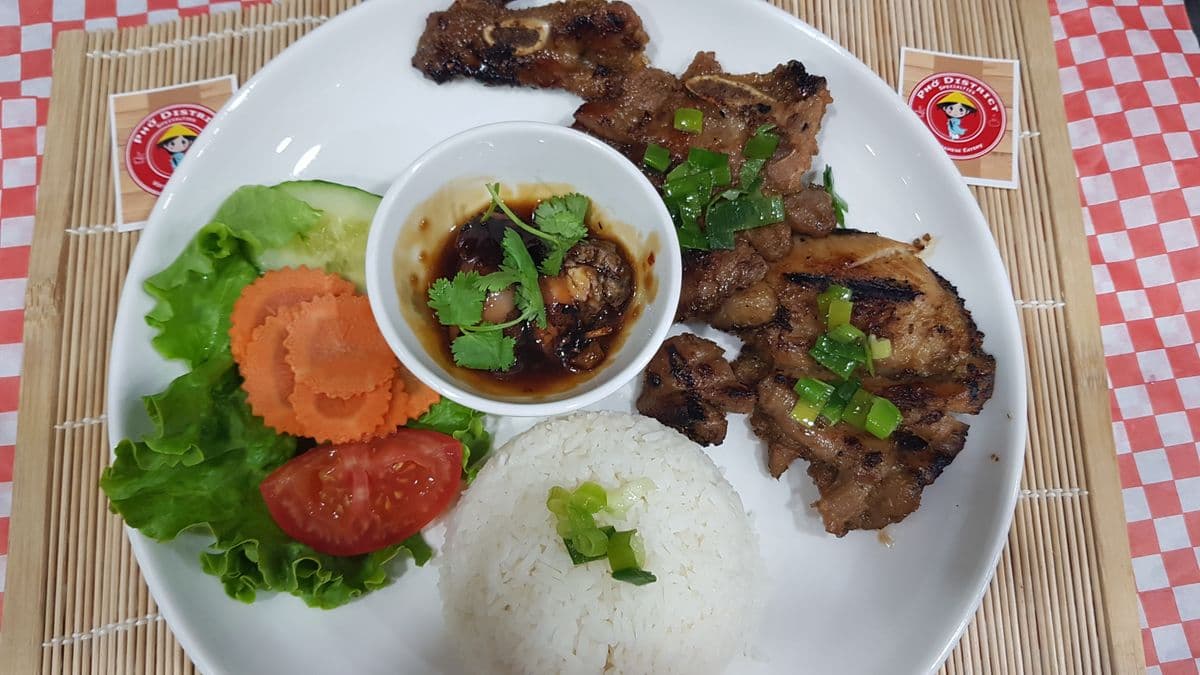 #405. Grilled Chicken, Grilled Pork Chop, & Spring Roll on Rice (Com ga nuong, suon nuong, cha gio)