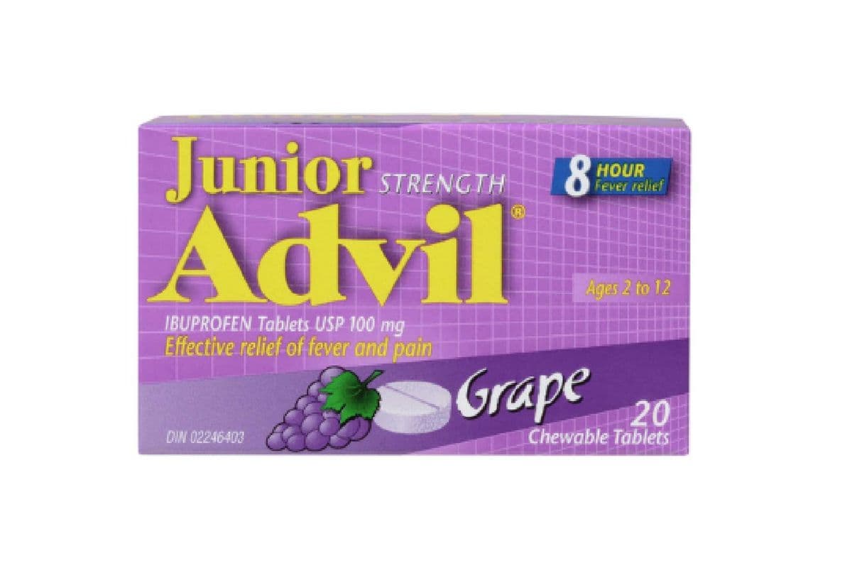 ADVIL JUNIOR GRAPE DYE FREE CHEWABLE 100MG TABLETS 20 PACK (20 TABLETS)