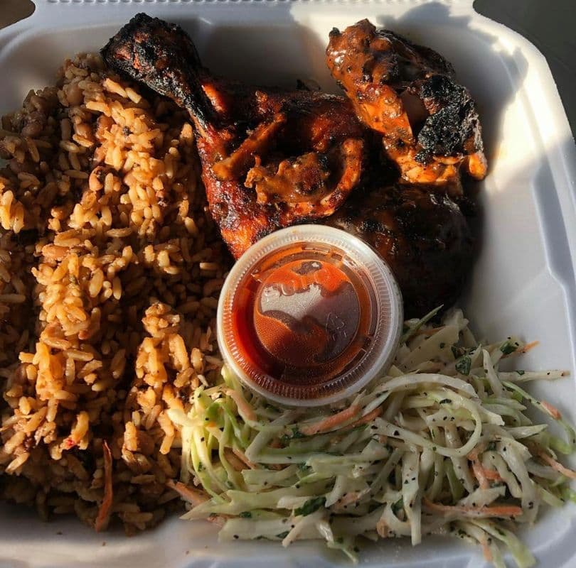 Jerk Chicken with Coleslaw, Rice, & Peas