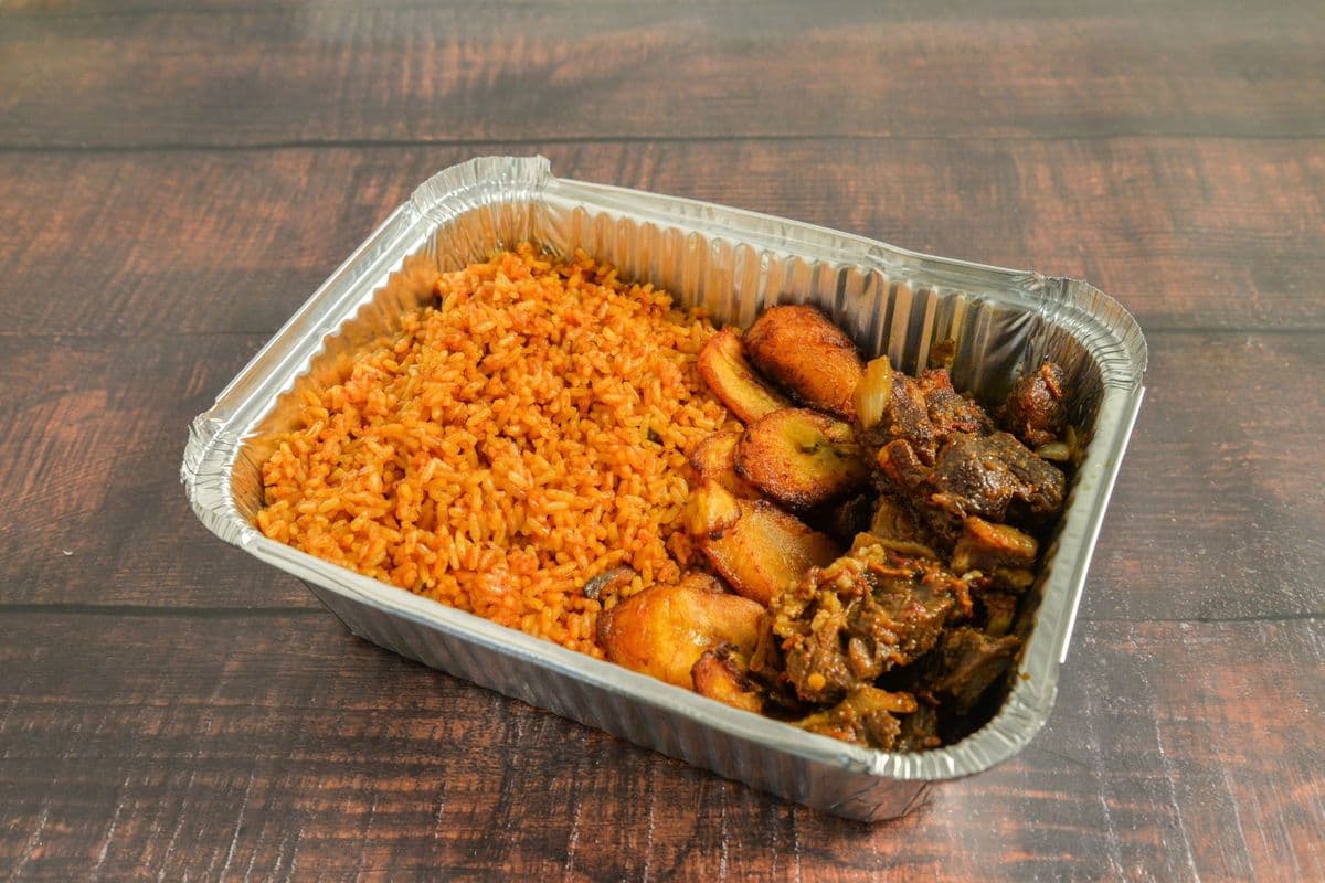 Jollof Rice, Asun, and Plantain Combo