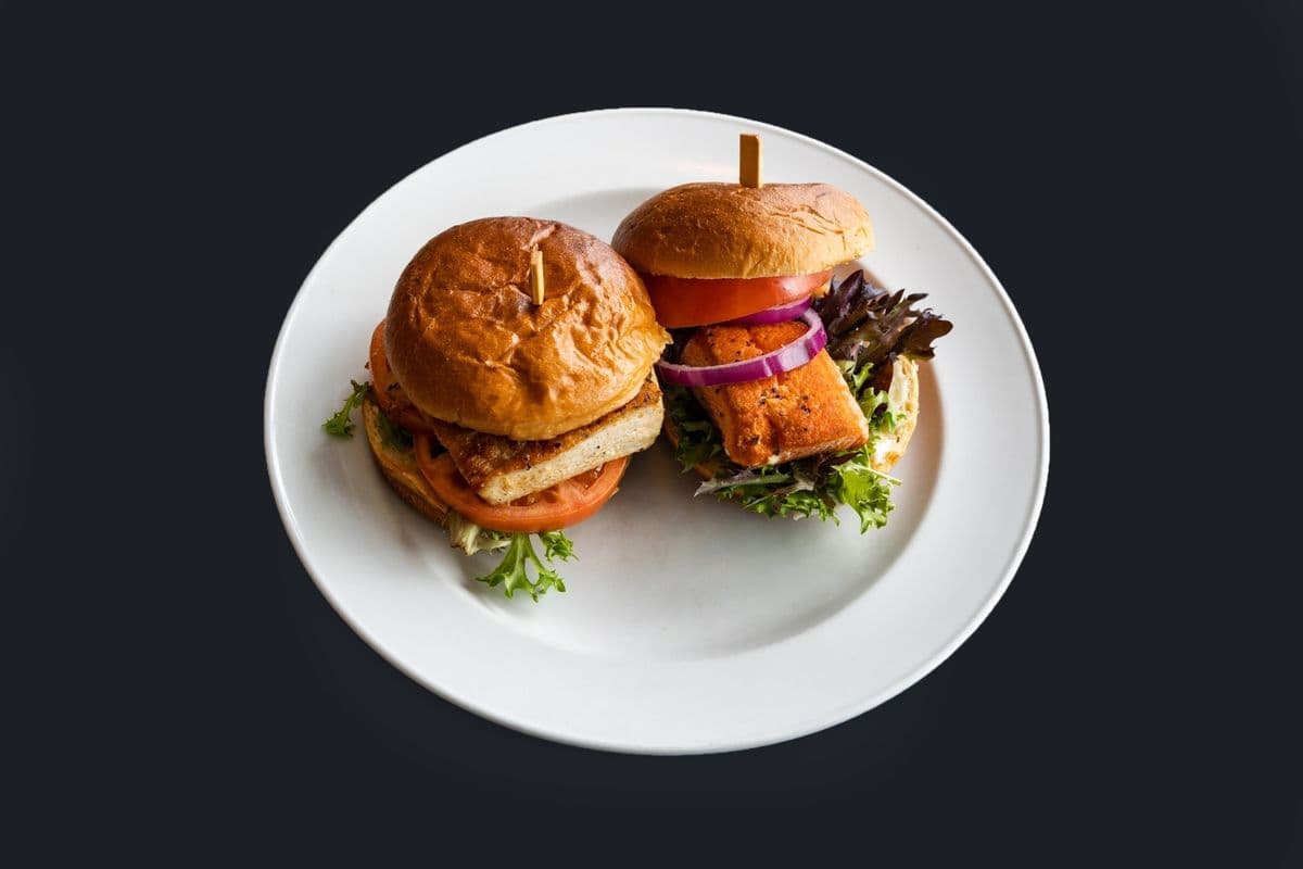 Grilled Local Sockeye Salmon Burger with Horseradish Aioli and Fries