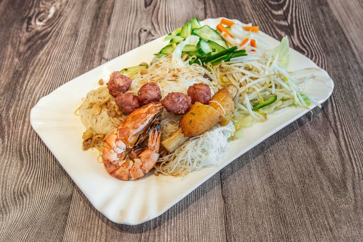 313. Meatballs, Grilled Shrimp, and Minced Shrimp on Sugar Cane - Bun Nem Nuong Tom Nuong Chao Tom