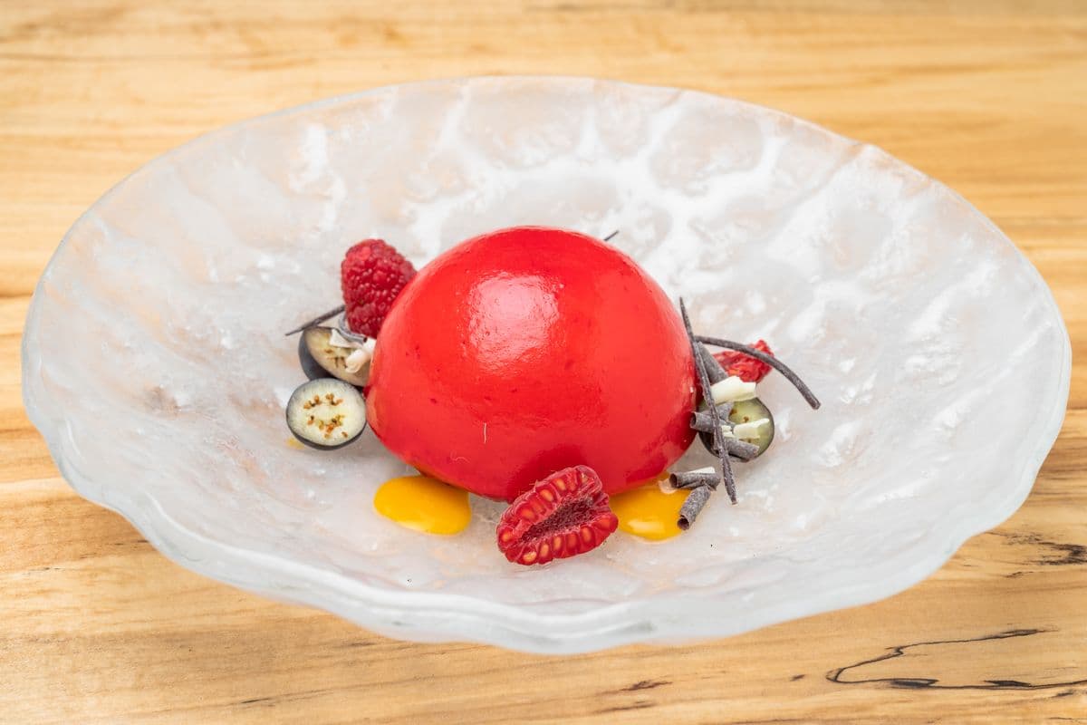 Raspberry and Chocolate Mousse Dome with Fresh Berries and Mango Puree