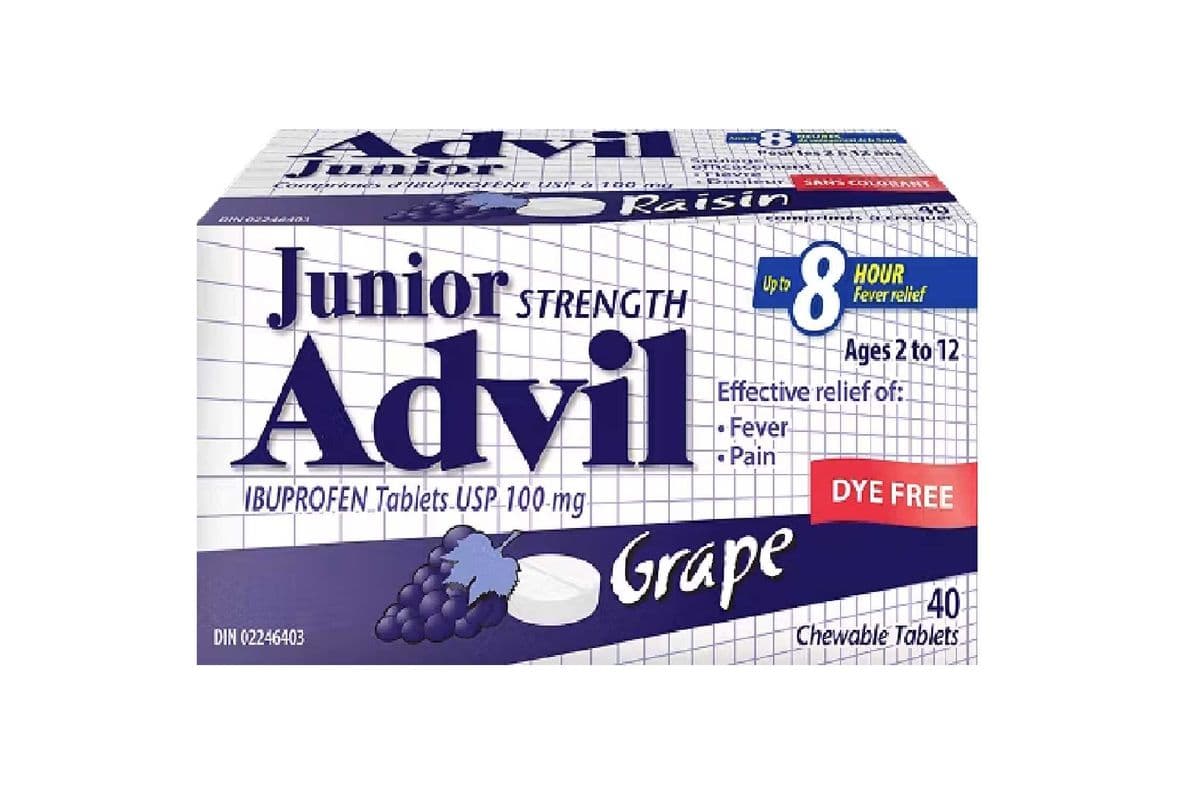 ADVIL JUNIOR GRAPE DYE FREE CHEWABLE 100MG TABLETS 40 PACK (40 TABLETS)