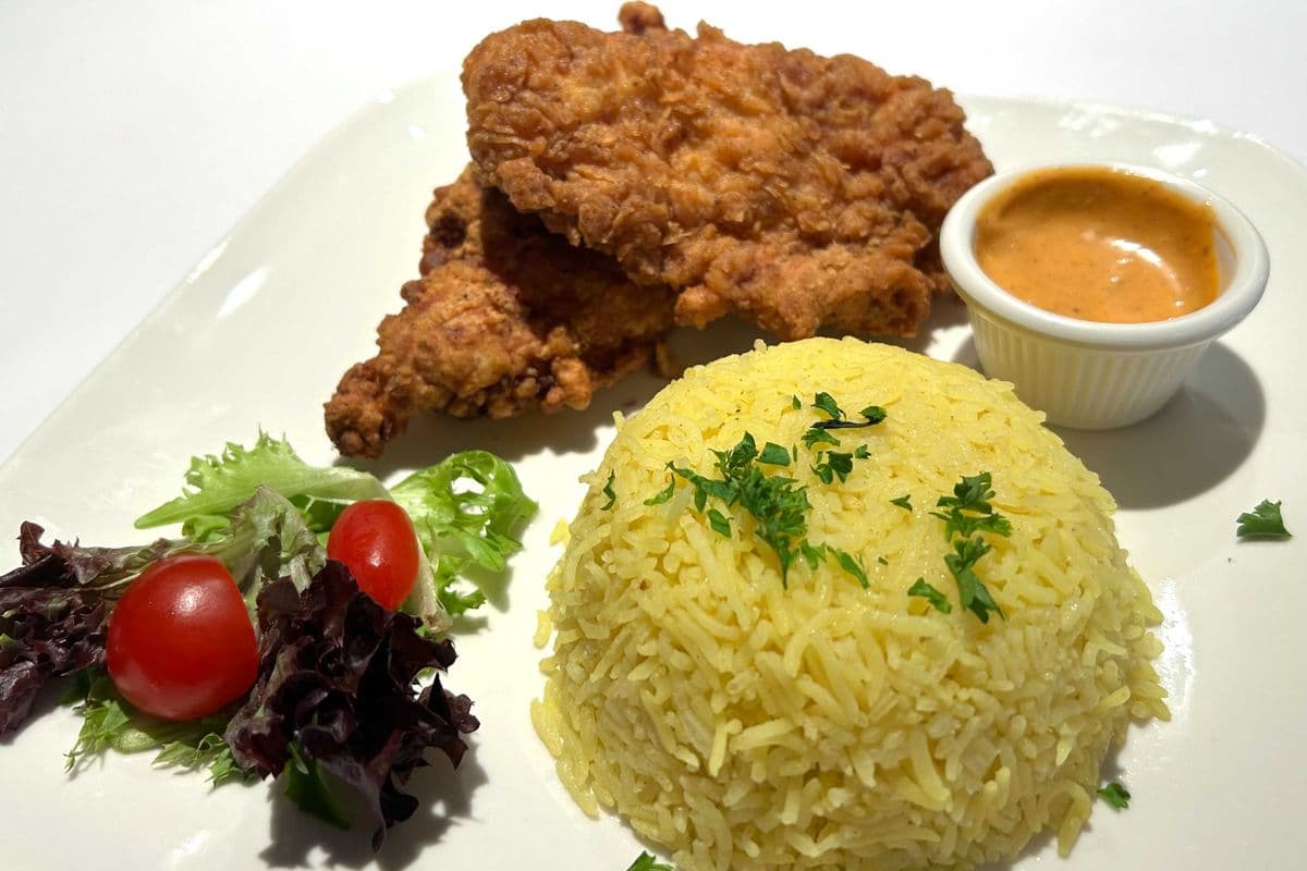 **NEW** Buttermilk fried chicken served with yellow rice