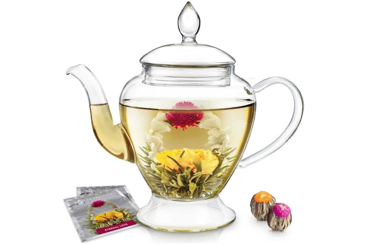 LE BOUQUET GLASS TEAPOT WITH TWO GOURMET BLOOMING TEA FLOWERS