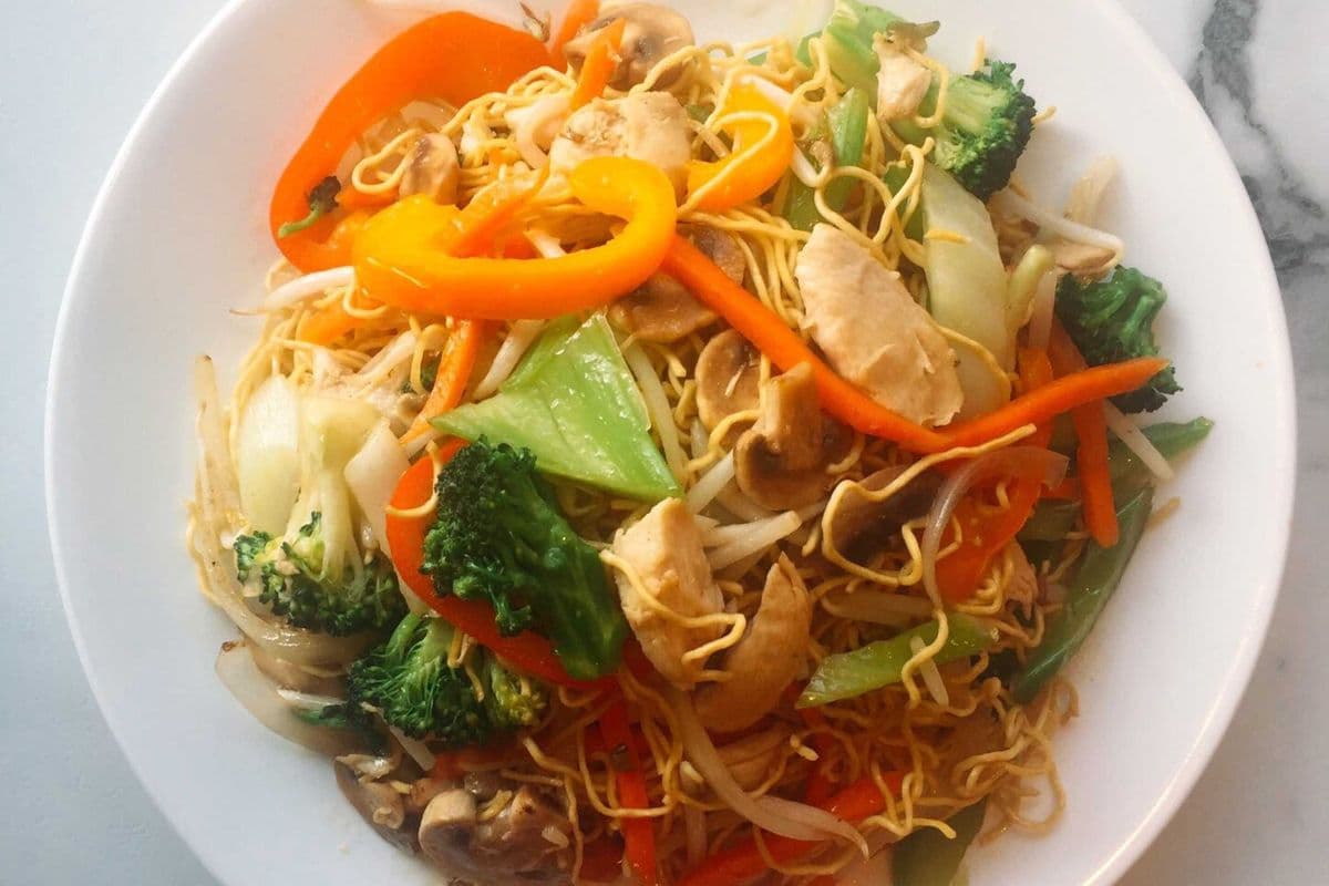 86. Chicken, Pork, or Beef, Black Bean, and Fresh Vegetable Stir Fry with Rice Noodles