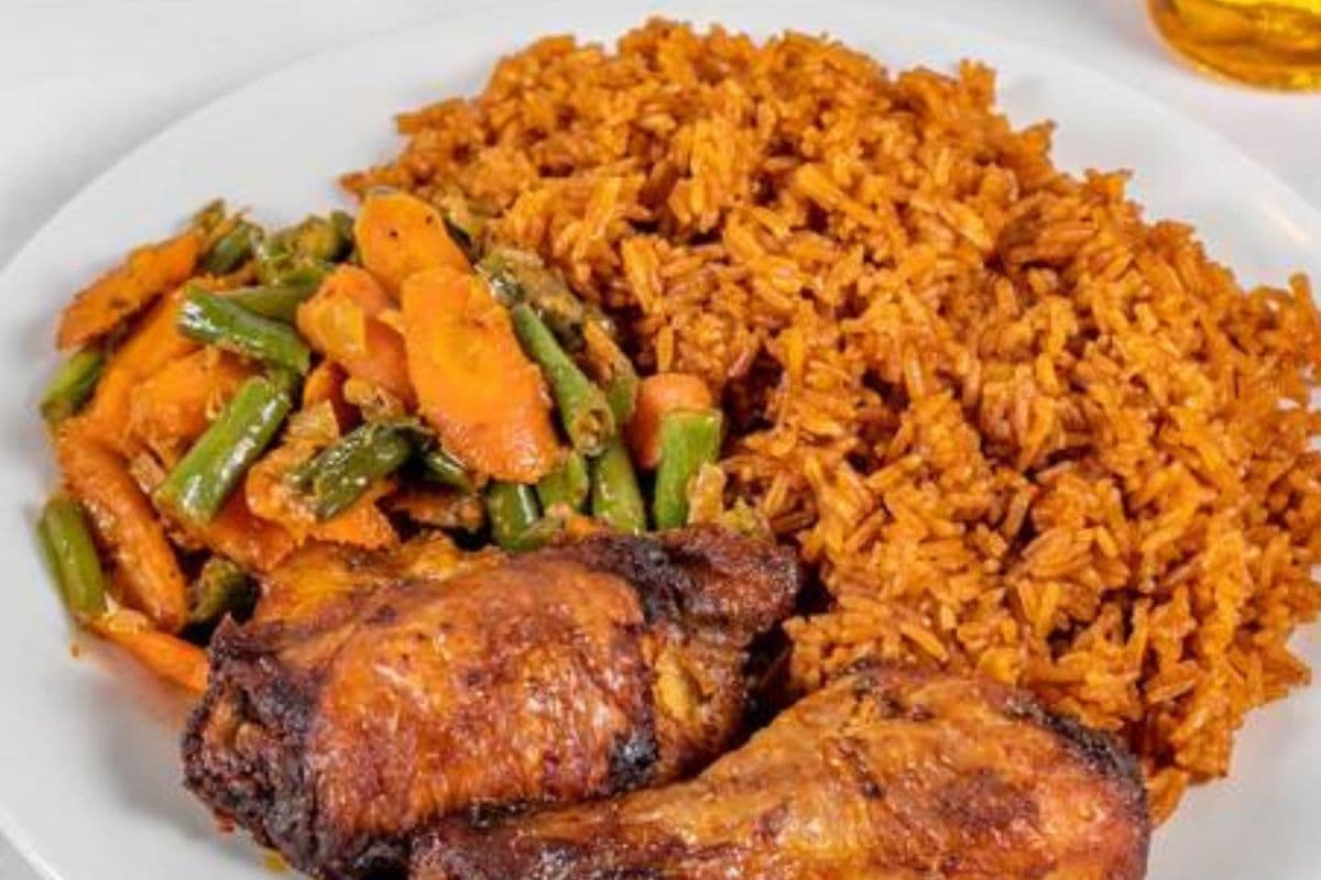 Jollof Rice, Baked Chicken and Fried Plantain Meal