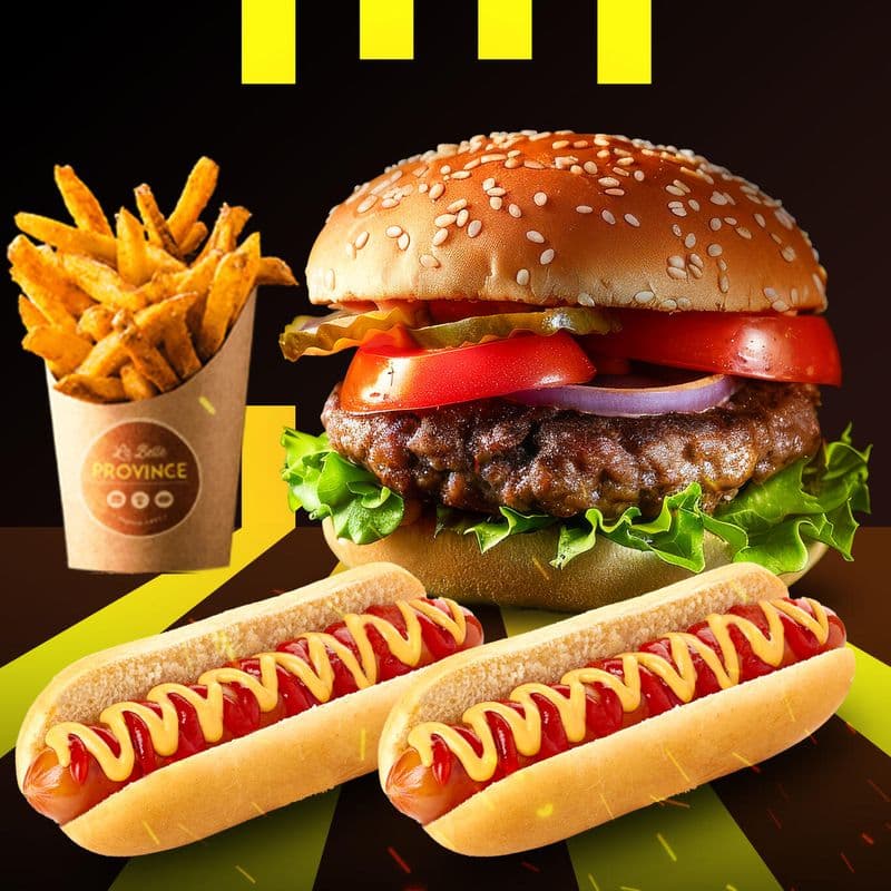 Fiesta 1 : Hamburger, 2 Hot Dog et Frites / Fiesta 1: Hamburger, 2 Hot Dogs and Fries