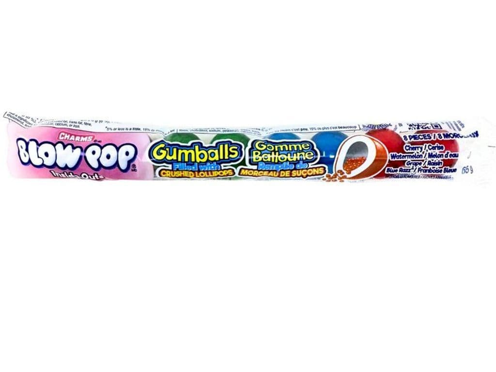 Charms BlowPop Gumballs Inside Out Crushed Candy Filled Bubblegum 65g 8 Pieces