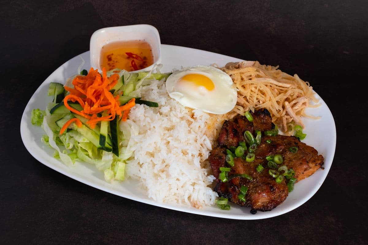 C8. Grilled Chicken Fillet, Julienned Pork, and Poached Egg with Rice - Com Ga, Bi, Trung