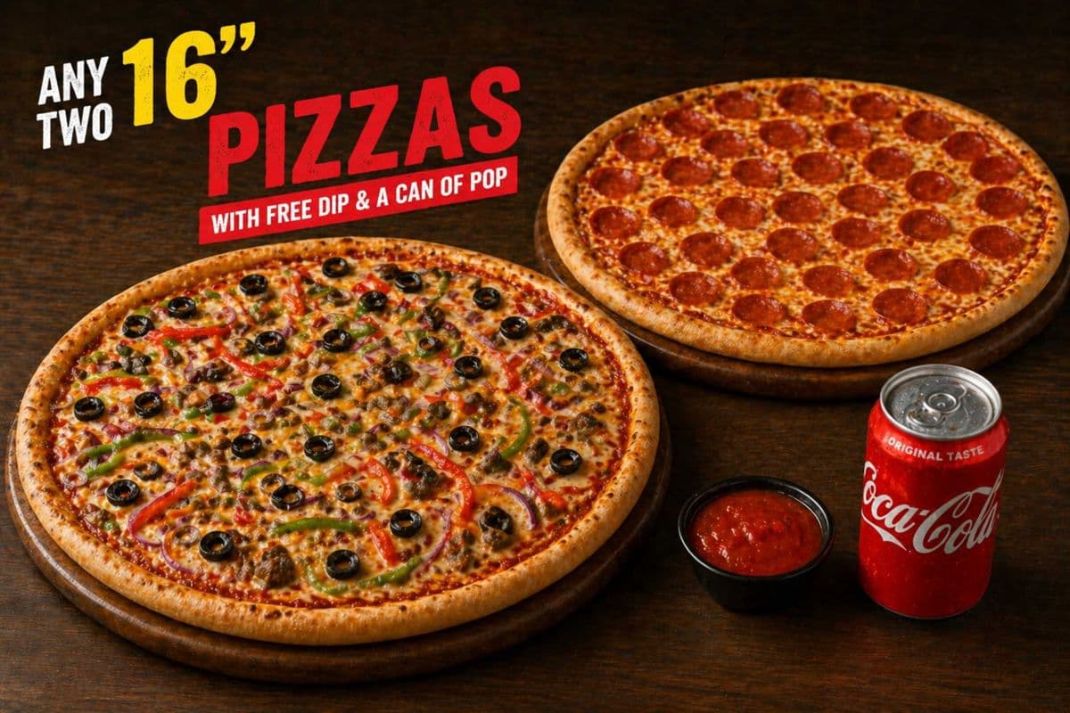 Any Two 16" Pizzas with Free Dip and a Can of Pop