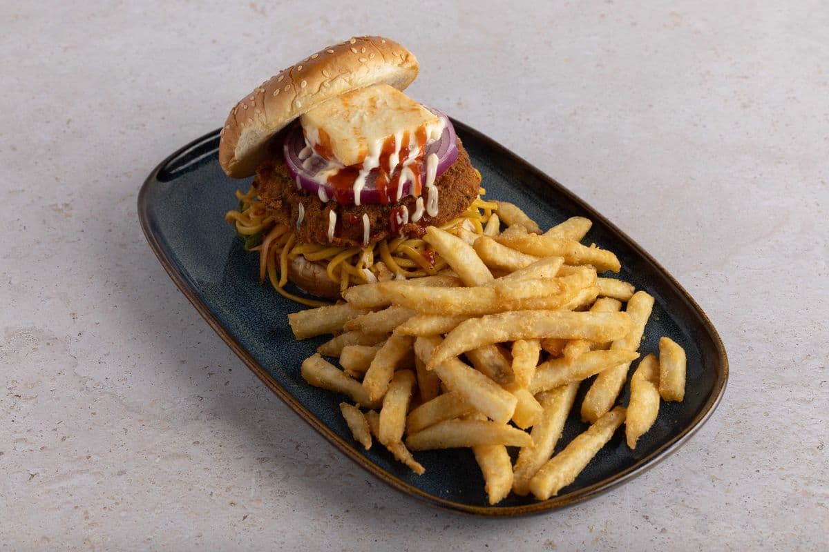 Unplugged Chicken Desi noodle Burger with fries