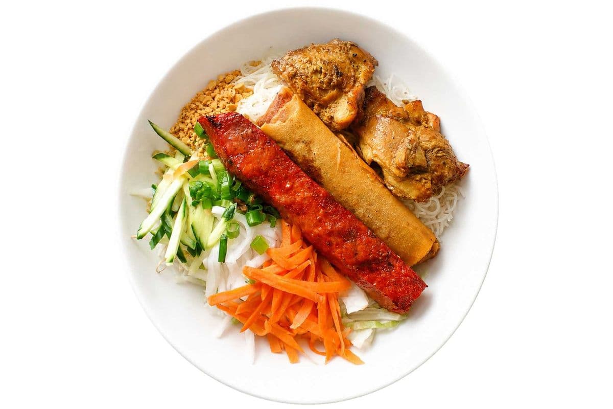 36. Grilled Lemongrass Chicken, Spring Roll, and Grilled Sausage Vermicelli