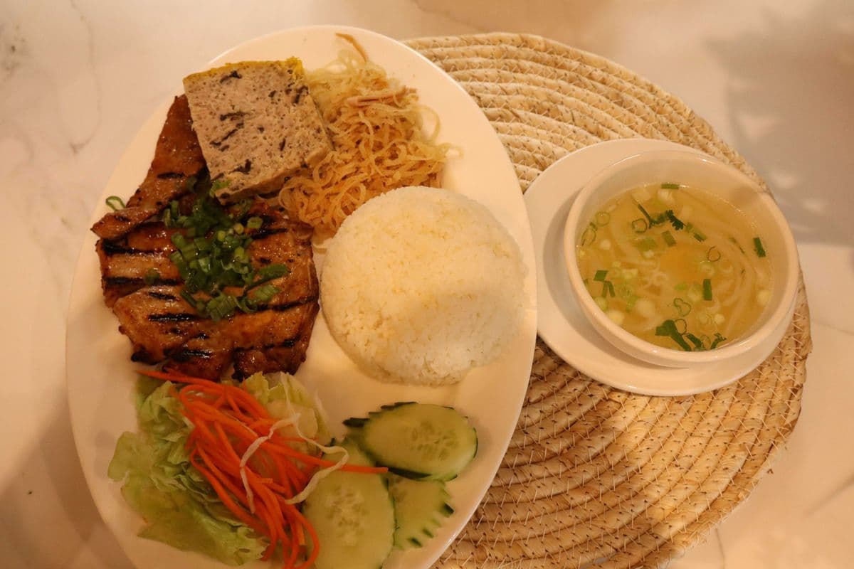 46. Com Tam Suon Bi Cha | Grilled Pork Chop, Shredded Pork, and Meat Pie On Broken Rice