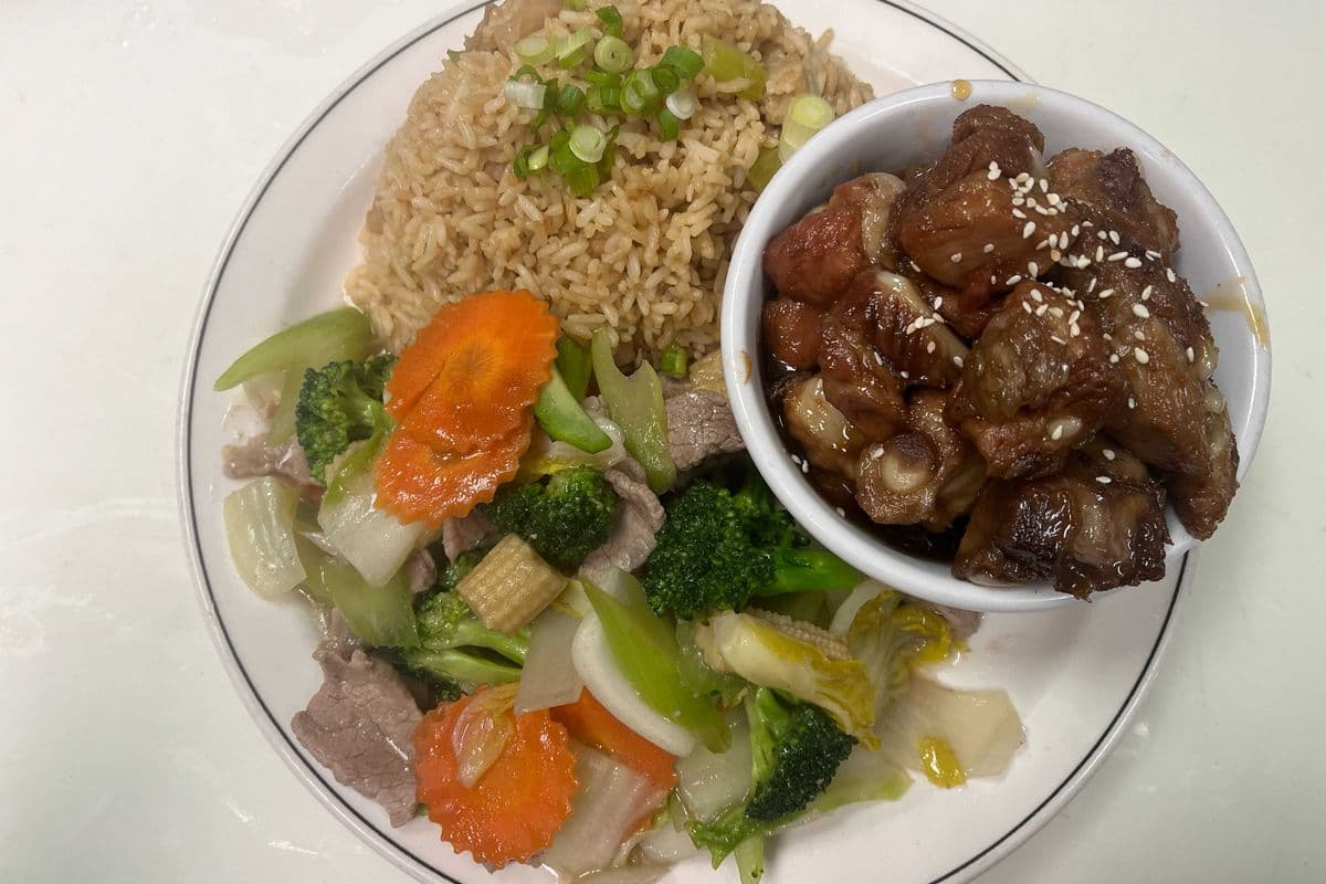 16. Chicken Fried Rice, Beef Mixed Greens, and Honey Garlic Spareribs