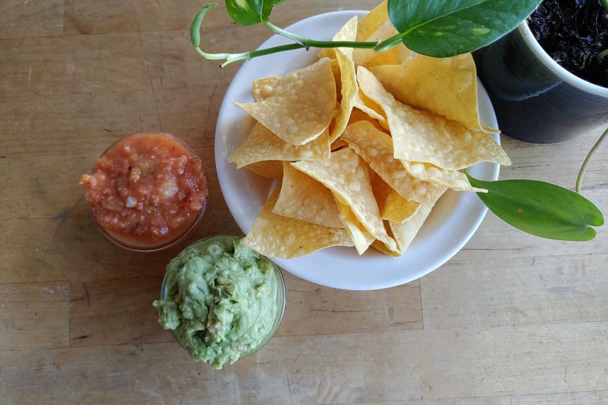 Tortilla Chips, Salsa and Mock Guac - Guac substitute - edamame based (no avo)