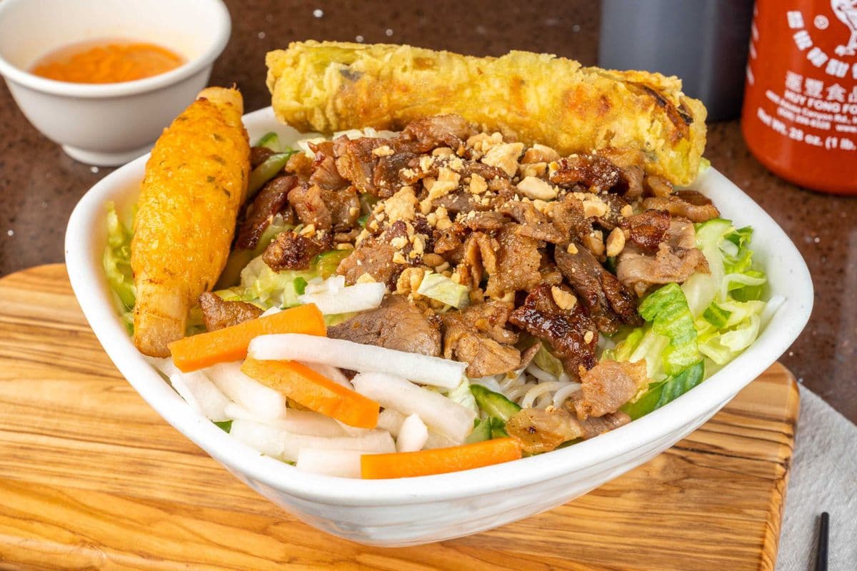 317. Spring Roll, BBQ Chicken, and Minced Shrimp on Sugar Cane - Bun Cha Gio Ga Nuong Chao Tom
