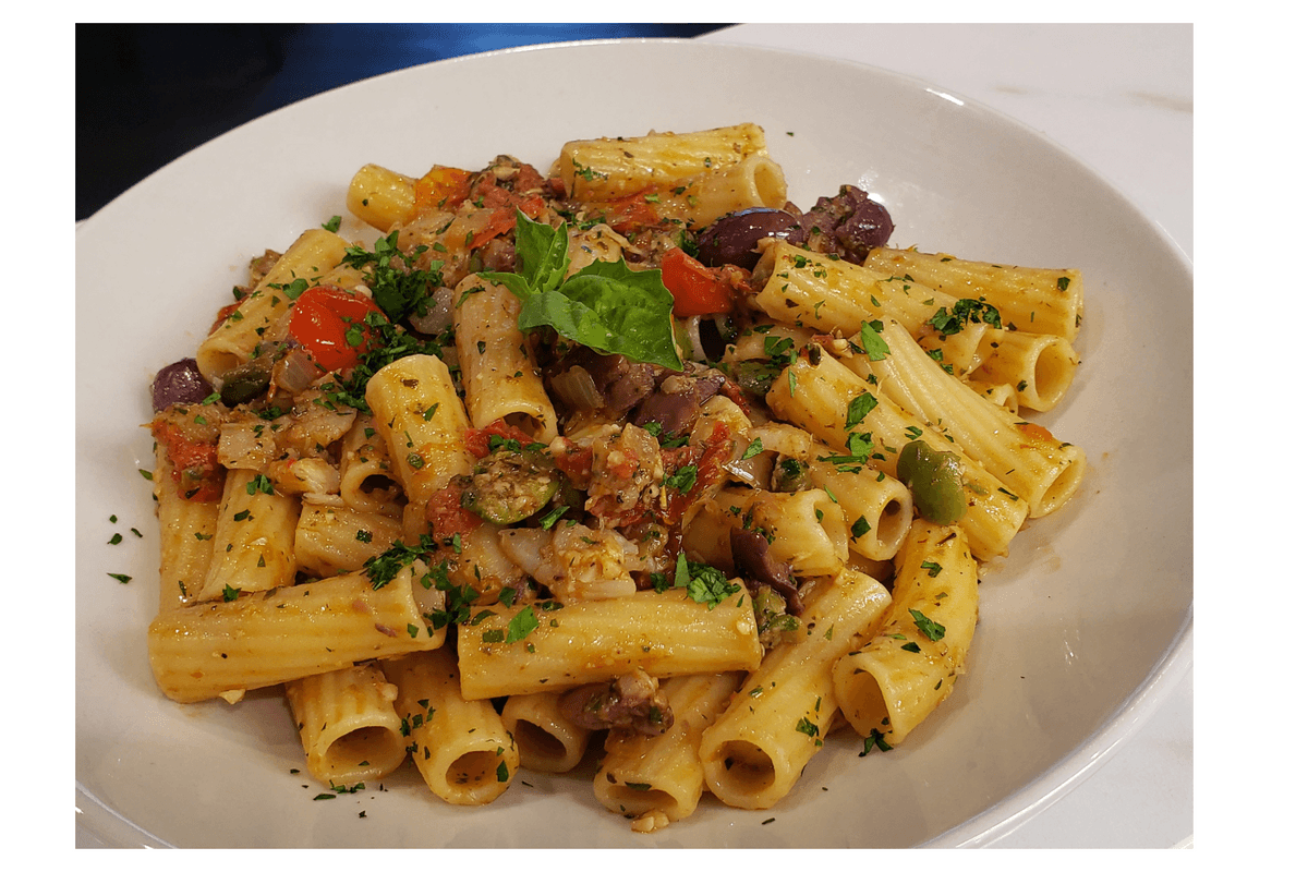 Rigatoni Alla Puttanesca Con Baccala- Rigatoni with Cod and Anchovies